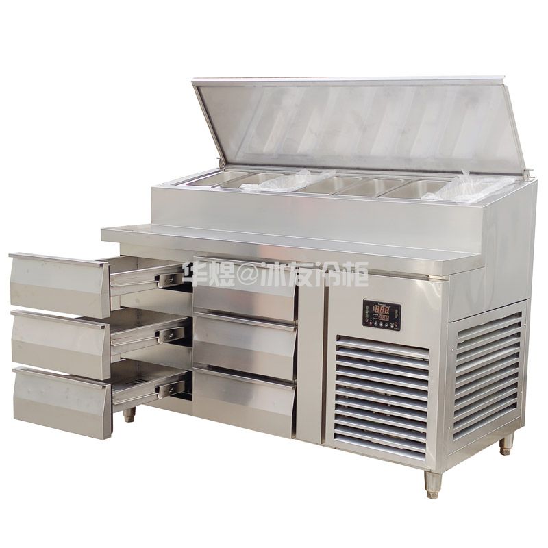 定制款风冷冷藏六格抽屉式披萨工作台不锈钢抽屉柜披萨操作台(图6)